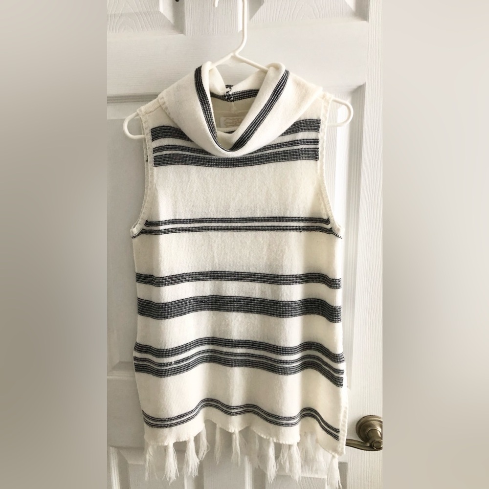 Mud Pie Ivory and Black Striped Sleeveless Cowl Neck Sweater